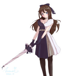 Rule 34 | 1girl, absurdres, aqua eyes, artist name, artist request, back bow, bare shoulders, belt, black dress, black gloves, black skirt, blue eyes, blush, bow, bow hairband, breasts, brooch, brown hair, brown pantyhose, buttons, choker, cleavage, closed umbrella, collarbone, diamond (gemstone), dress, drop earrings, earrings, evening gown, female focus, gloves, grey belt, grey bow, grey skirt, hair between eyes, hair bow, hairband, half updo, high ponytail, highres, holding, holding umbrella, jewelry, lace, lace gloves, long hair, looking at viewer, love live!, love live! nijigasaki high school idol club, love live! school idol festival, miniskirt, multicolored clothes, multicolored dress, off-shoulder dress, off shoulder, osaka shizuku, pantyhose, parted lips, plaid, plaid dress, plaid skirt, pleated, pleated dress, pleated skirt, ponytail, skirt, sleeveless, sleeveless dress, small breasts, smile, solitude rain (love live!), solo, two-tone dress, umbrella, white background, white bow, white choker, white dress, white skirt