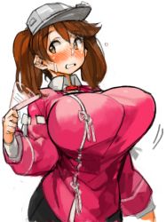 Rule 34 | 10s, 1girl, alternate breast size, blush, breasts, brown eyes, brown hair, hot, huge breasts, kantai collection, large breasts, long hair, md5 mismatch, onmyouji, perky breasts, resized, ryuujou (kancolle), sachito, simple background, solo, twintails, visor cap