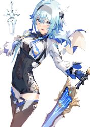 Rule 34 | 1girl, absurdres, black gloves, black hairband, black leotard, black thighhighs, blue cape, blue hair, blue neckwear, blush, breasts, cape, eula (genshin impact), genshin impact, gloves, greatsword, hair ornament, hairband, highres, ice, jewelry, large breasts, leotard, long sleeves, looking at viewer, medium hair, necktie, open mouth, pendant, purple eyes, sidelocks, smile, sword, thighhighs, thighs, vision (genshin impact), xkirara39x