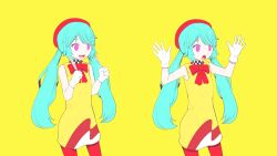Rule 34 | 1girl, 2girls, absurdres, alternate costume, aqua hair, blue hair, bow, dress, dual persona, hatsune miku, highres, low twintails, mei mei (vocaloid), multiple girls, multiple persona, multiple views, official art, open mouth, parted lips, pink eyes, pinocchio-p, red bow, red headwear, song request, twintails, upper body, vocaloid, yellow background, yellow dress