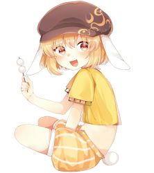 Rule 34 | 1girl, animal ears, bad id, bad pixiv id, blonde hair, rabbit ears, rabbit tail, coda (ankoprpr3700), commentary request, dango, flat cap, floppy ears, food, full body, hat, looking at viewer, looking to the side, midriff, red eyes, ringo (touhou), shirt, short hair, short sleeves, shorts, simple background, smile, solo, tail, touhou, turning head, wagashi, yellow shirt