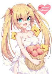 Rule 34 | 1girl, :d, akai haato, animal, apron, bag, bare arms, bare shoulders, blonde hair, blue eyes, blush, breasts, cleavage, commentary request, fang, frilled apron, frills, grocery bag, haaton (akai haato), hair between eyes, hair ornament, hair ribbon, hairclip, heart, heart hair ornament, highres, hololive, long hair, looking at viewer, medium breasts, milestone celebration, naked apron, neps-l, open mouth, paper bag, pig, red ribbon, ribbon, shopping bag, sidelocks, smile, twintails, very long hair, virtual youtuber, white apron, white background