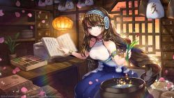 Rule 34 | 1girl, architecture, bare shoulders, blue n, blue skirt, book, breasts, brown hair, desk, dress, east asian architecture, green eyes, hairband, large breasts, long hair, original, pot, skirt, smile, solo, very long hair, white dress