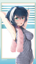 Rule 34 | 1girl, :o, armpits, arms behind head, arms up, bare arms, bare shoulders, blue hair, blush, breasts, cerise (epic seven), covered navel, cowboy shot, dress, epic seven, green eyes, grey dress, highres, impossible clothes, impossible dress, medium breasts, multicolored background, multicolored hair, open mouth, patterned clothing, short dress, short hair, solo, streaked hair, towel, twitter username, two-tone hair, twomoon, white hair