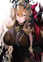 Rule 34 | 1girl, armor, bare shoulders, black dress, black gloves, blonde hair, blue eyes, blush, breasts, dress, elbow gloves, barghest (fate), barghest (second ascension) (fate), fate/grand order, fate (series), gauntlets, gloves, heterochromia, horns, jewelry, large breasts, long hair, looking at viewer, necklace, pauldrons, pelvic curtain, red eyes, shoulder armor, single pauldron, solo, suminagashi