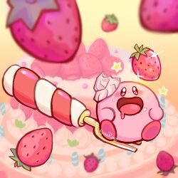 Rule 34 | blush stickers, cake, colored skin, drooling, food, food on face, fork, fruit, highres, kirby, kirby&#039;s dream buffet, kirby (series), looking up, nintendo, no humans, open mouth, pink skin, signature, solid oval eyes, sparkle, star (symbol), starroad, strawberry, yellow background