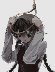 Rule 34 | 1girl, @ @, absurdres, blood, blood from mouth, blouse, bpm 0, braid, brown hair, brown vest, collared shirt, crying, crying with eyes open, eyebrows hidden by hair, grey background, grey eyes, hair between eyes, highres, imminent suicide, limited palette, long hair, messy hair, noose, original, runny makeup, shirt, simple background, solo, tears, twin braids, upper body, very long hair, vest, waistcoat, white shirt