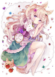 Rule 34 | 1girl, :o, absurdres, animal ear fluff, animal ears, apple, bad id, bad pixiv id, blue flower, blush, bow, brown hair, brown vest, commentary, flower, food, from above, fruit, full body, green skirt, highres, long hair, looking at viewer, looking to the side, lying, no shoes, on side, original, parted lips, pink bow, pocket watch, puffy short sleeves, puffy sleeves, purple eyes, purple flower, red apple, shirt, short sleeves, simple background, skirt, solo, symbol-only commentary, tail, thighhighs, tsukiyo (skymint), two side up, very long hair, vest, watch, white background, white shirt, white thighhighs
