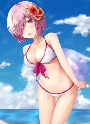 Rule 34 | 1girl, :d, ball, bare arms, bare shoulders, beachball, bikini, blue sky, blush, breasts, cleavage, cloud, collarbone, commentary request, day, fate/grand order, fate (series), flower, front-tie bikini top, front-tie top, hair flower, hair ornament, hair over one eye, head tilt, horizon, large breasts, leaning forward, looking at viewer, mash kyrielight, mash kyrielight (swimsuit of perpetual summer), misui, navel, ocean, official alternate costume, open mouth, outdoors, purple eyes, purple hair, red flower, sky, smile, solo, standing, swimsuit, thigh gap, transparent, water, white bikini