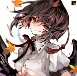 Rule 34 | 1girl, brown eyes, brown hair, chromatic aberration, hat, hina (pico), leaf, looking at viewer, maple leaf, shameimaru aya, short hair, simple background, solo, tokin hat, touhou, upper body, white background