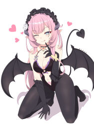 Rule 34 | absurdres, bare shoulders, black choker, black gloves, black headdress, black pantyhose, blue eyes, breasts, choker, cleavage, cosplay, demon girl, demon wings, elbow gloves, elf, elysia (honkai impact), fake horns, fake tail, fake wings, finger to mouth, flower, flower ornament, gloves, hair flower, hair ornament, heart, heart pendant, highleg, highleg leotard, highres, honkai (series), honkai impact 3rd, horns, leotard, long hair, maid headdress, navel, one eye closed, pantyhose, pink hair, pointy ears, pubic tattoo, tail, tattoo, tongue, tongue out, white background, wings, yuzhi lier