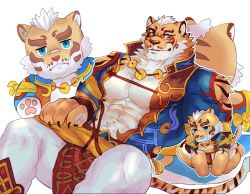 Rule 34 | 1boy, abs, abs cutout, animal ears, arm cutout, bara, bare pectorals, beige fur, blue eyes, character doll, cleavage cutout, clothing cutout, feet out of frame, fluffy, furry, furry male, jewelry, large pectorals, lin hu (nekojishi), male focus, muscular, muscular male, necklace, nekojishi, orange fur, pectoral cleavage, pectorals, pelvic curtain, short hair, shoulder cutout, skin tight, smile, solo, spread legs, stomach, stuffed animal, stuffed toy, tiger boy, tiger ears, tiger stripes, tora d