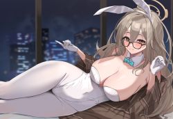 Rule 34 | absurdres, akane (blue archive), akane (bunny) (blue archive), animal ears, bare shoulders, blue archive, blue bow, blue bowtie, blush, bow, bowtie, breasts, brown eyes, brown hair, brown shawl, cleavage, detached collar, fake animal ears, feet out of frame, glasses, gloves, grin, halo, highleg, highleg leotard, highres, index finger raised, large breasts, leotard, looking at viewer, lying, official alternate costume, on side, pantyhose, playboy bunny, shawl, smile, strapless, strapless leotard, thighs, v a i r, white gloves, white leotard, white pantyhose