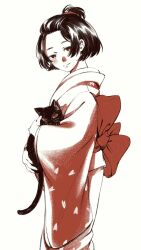 Rule 34 | 1girl, ace attorney, animal, bangs pinned back, black hair, cat, closed mouth, floral print, hair rings, highres, holding, holding animal, holding cat, japanese clothes, kimono, limited palette, long sleeves, looking at viewer, machihazure, obi, sash, short hair, simple background, smile, solo, standing, susato mikotoba, the great ace attorney, updo