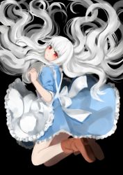Rule 34 | 1girl, apron, black background, blue dress, boots, dress, highres, kagerou project, kozakura marry, long hair, midair, nemuaki, red eyes, simple background, solo, very long hair, white hair