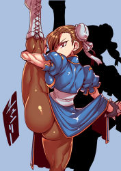 Rule 34 | 1girl, ass, back, bare arms, blue dress, boots, bracelet, breast press, breasts, brown hair, brown pantyhose, bun cover, capcom, china dress, chinese clothes, chun-li, clothes lift, cowboy shot, cross-laced footwear, dress, dress lift, fighting stance, from behind, grey footwear, hair over one eye, hand up, impossible clothes, impossible dress, jewelry, lace-up boots, leg up, lifted by self, looking afar, outstretched arm, outstretched leg, pantyhose, puffy short sleeves, puffy sleeves, red eyes, sash, shiny clothes, short sleeves, solo, spiked bracelet, spikes, standing, standing on one leg, street fighter, thick thighs, thighs, tukiwani, v-shaped eyebrows, yellow pupils