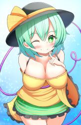 Rule 34 | 1girl, ;), black headwear, blue background, blush, breasts, cleavage, closed mouth, commentary, cowboy shot, gradient background, green eyes, green hair, green skirt, gyuta, hat, hat ribbon, highres, index finger raised, komeiji koishi, large breasts, one eye closed, ribbon, shirt, short hair, skirt, smile, third eye, touhou, variant set, yellow ribbon, yellow shirt