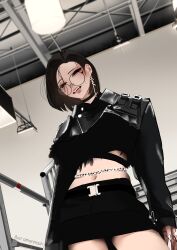 1girl :d absurdres belt black_eyes black_hair commentary cyrilashnmsh earrings english_commentary from_below glasses highres jewelry looking_at_viewer midriff navel open_mouth original short_hair skirt smile solo teeth