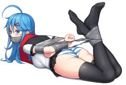 Rule 34 | 1girl, ahoge, arms behind back, ass, assisted exposure, bdsm, black sailor collar, black skirt, black thighhighs, blue eyes, blue hair, blush, bondage, borrowed character, bound, bound ankles, bound arms, breasts, crossed ankles, feet, full body, gag, gagged, gbeeee, hair ornament, hairclip, hogtie, improvised gag, kidnapped, legs up, long hair, looking at viewer, looking back, medium breasts, miniskirt, no shoes, original, panties, pleated skirt, red scarf, sailor collar, scarf, school uniform, serafuku, short sleeves, simple background, skirt, solo, striped clothes, striped panties, tape, tape gag, thighhighs, thighs, underwear, white background, yumeo takaragi