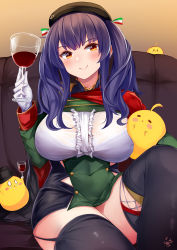 Rule 34 | 1girl, alcohol, azur lane, beret, black cape, black hat, black thighhighs, bra visible through clothes, breasts, buttons, cape, center frills, couch, covered navel, cup, double-breasted, dress, drinking glass, framed breasts, frills, gloves, hat, highres, holding, holding cup, irohara, italian flag, large breasts, long hair, manjuu (azur lane), md5 mismatch, microdress, pola (azur lane), purple hair, red cape, resolution mismatch, sitting, skindentation, smile, solo, source smaller, taut clothes, taut dress, thigh strap, thighhighs, top hat, two-tone cape, two-tone dress, white gloves, wine, wine glass, yellow eyes