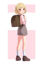 Rule 34 | :d, absurdres, aged down, backpack, bag, blonde hair, blush, brown bag, brown footwear, copyright request, from behind, full body, grey shorts, high-waist shorts, highres, long sleeves, looking at viewer, looking back, male focus, medium hair, open mouth, pink shirt, randoseru, red eyes, sekina, shirt, shoes, short shorts, shorts, smile, socks, solo, suspender shorts, suspenders, white socks