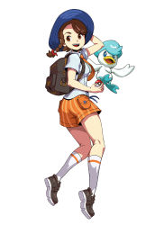Rule 34 | 1girl, aged up, backpack, bag, blue eyes, blue headwear, braid, bright pupils, brown eyes, brown hair, collared shirt, creatures (company), game freak, genzoman, hat, highres, holding, juliana (pokemon), long hair, looking at viewer, necktie, nintendo, open mouth, orange necktie, orange shorts, pokemon, pokemon (creature), pokemon sv, quaxly, shirt, shoes, short sleeves, shorts, simple background, single braid, smile, striped clothes, striped shorts, tongue, vertical-striped clothes, vertical-striped shorts, white pupils