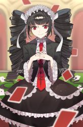 Rule 34 | 1girl, absurdres, black hair, black legwear, black nails, black skirt, bonnet, card, celestia ludenberg, center frills, claw ring, commentary, cowboy shot, danganronpa: trigger happy havoc, danganronpa (series), drill hair, earrings, frills, gothic lolita, hairband, highres, jewelry, lace trim, lolita fashion, lolita hairband, long hair, long sleeves, looking at viewer, nail polish, necktie, own hands together, playing card, red eyes, red necktie, rin (yukameiko), shirt, skirt, smile, solo, symbol-only commentary, table, twin drills, twintails