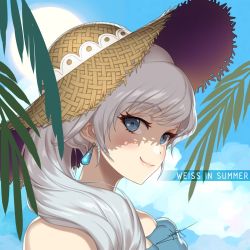 Rule 34 | 1girl, blue eyes, character name, closed mouth, day, earrings, hair over shoulder, hat, highres, jewelry, long hair, outdoors, portrait, rwby, scar, scar across eye, scar on face, signature, silver hair, smile, smug, solo, straw hat, sun hat, uyalago, weiss schnee