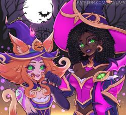 Rule 34 | 2girls, animal ears, bare shoulders, bat (animal), bewitching neeko, bewitching senna, black hair, black headwear, blonde hair, breasts, cat ears, cat tail, claws, cleavage, crescent, crescent earrings, dark-skinned female, dark skin, dreadlocks, earrings, fang, glasses, green eyes, grin, hand up, highres, jewelry, large breasts, league of legends, long hair, moon, multiple girls, nanumn, neeko (league of legends), night, open mouth, outdoors, pink headwear, round eyewear, senna (league of legends), smile, tail, teeth, tree, upper body, watermark, web address, witch