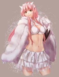 Rule 34 | 1girl, bra, brown eyes, cape, cowboy shot, fate/grand order, fate (series), gloves, grey background, long hair, medb (fate), medb (first ascension) (fate), midriff, navel, pink hair, simple background, skirt, smile, solo, standing, tiara, underwear, white bra, white gloves, white skirt, zanshi