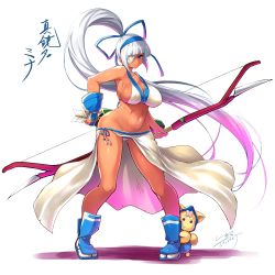 Rule 34 | 1girl, absurdres, arrow (projectile), bandage over one eye, blue eyes, blue hairband, blunt bangs, blush, bow (weapon), breasts, c.r., champuru, closed mouth, dark-skinned female, dark skin, full body, gloves, hair ribbon, hairband, highres, holding, holding bow (weapon), holding weapon, large breasts, long hair, looking at viewer, majikina mina, navel, panties, partially fingerless gloves, partly fingerless gloves, ponytail, quiver, revealing clothes, ribbon, samurai spirits, sarong, side-tie skirt, sideboob, sidelocks, signature, simple background, snk, standing, stomach, underwear, very long hair, weapon, white background, white panties, white sarong, yugake
