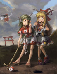Rule 34 | 3girls, :q, amibazh, animal ears, ascot, bare arms, bare legs, black hair, blonde hair, bow, buttons, chain, cloud, cloud print, cloudy sky, collared shirt, constricted pupils, curly hair, day, detached sleeves, floating, footwear bow, full body, gohei, green eyes, green hair, hair bow, hair tubes, hakurei reimu, hand up, holding, horn ornament, horn ribbon, horns, ibuki suika, index finger raised, japanese clothes, kariyushi shirt, komano aunn, long hair, looking at another, looking back, looking down, loose socks, low-tied long hair, miko, multiple girls, oni, outdoors, purple footwear, red bow, red shirt, red skirt, ribbon, ribbon-trimmed sleeves, ribbon trim, shirt, shoes, short sleeves, shorts, sidelocks, single horn, skirt, skirt set, sky, sleeveless, sleeveless shirt, smile, socks, standing, sweatdrop, toenails, toes, tongue, tongue out, torn clothes, torn sleeves, touhou, very long hair, white shorts, wide-eyed, wide sleeves, wrist cuffs, yellow ascot