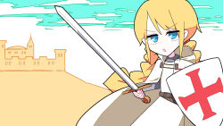Rule 34 | 1girl, bad id, bad pixiv id, belt, belt buckle, blonde hair, blue eyes, braid, brown belt, buckle, cape, castle, cloud, crusader kings, hair tie, highres, holding, holding shield, holding sword, holding weapon, knight, knights templar, medieval, open mouth, sarawaritai, shield, sidelocks, solo, sword, twintails, v-shaped eyebrows, weapon, white cape