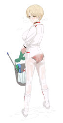 Rule 34 | blonde hair, blush, boots, bottle, breath, bucket, chela77, dripping, eyes visible through hair, gloves, green gloves, highres, holding, holding bucket, looking back, open mouth, original, panties, puddle, red panties, see-through, short hair, simple background, spray bottle, standing, towel, turtleneck, underwear, wet, wet clothes, white background, white footwear, white legwear, yellow eyes