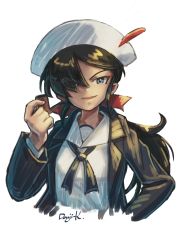 Rule 34 | 1girl, artist name, black coat, black eyes, black hair, black neckerchief, blouse, bow, coat, commentary, cropped torso, dark-skinned female, dark skin, dixie cup hat, girls und panzer, hair bow, hair over one eye, hand on own hip, hat, hat feather, highres, holding, kuroneko douji, long coat, long hair, long sleeves, looking at viewer, military hat, neckerchief, ogin (girls und panzer), ooarai naval school uniform, open clothes, open coat, open mouth, pirate, ponytail, red bow, sailor, sailor collar, school uniform, shirt, signature, simple background, smile, smoking pipe, solo, upper body, white background, white hat, white shirt