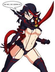 Rule 34 | 10s, 1girl, black hair, black thighhighs, blue hair, blush, breasts, cameltoe, covered erect nipples, elbow gloves, fumio (rsqkr), gloves, highres, kill la kill, living clothes, matoi ryuuko, multicolored hair, navel, red hair, revealing clothes, senketsu, short hair, skirt, solo, sword, thighhighs, thighs, underboob, weapon