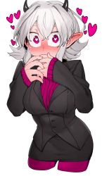 Rule 34 | 1girl, absurdres, black jacket, black skirt, blush, closed mouth, cowboy shot, ear blush, hands up, heart, heart-shaped pupils, helltaker, highres, horns, jacket, long sleeves, looking at viewer, medium hair, miniskirt, modeus (helltaker), niwarhythm, pantyhose, pencil skirt, pink eyes, pink pantyhose, pink sweater, pointy ears, ribbed sweater, simple background, skirt, sleeves past wrists, solo, standing, sweater, symbol-shaped pupils, wavy mouth, white background, white hair, wide-eyed