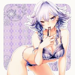 Rule 34 | 1girl, bare arms, bare legs, bare shoulders, bra, braid, breasts, cleavage, eyeliner, hair between eyes, izayoi sakuya, lace, lace-trimmed bra, lace-trimmed panties, lace trim, leaning forward, looking at viewer, makeup, medium breasts, mokokiyo (asaddr), panties, short hair with long locks, grey eyes, silver hair, smile, solo, strap slip, touhou, twin braids, underwear, underwear only