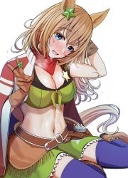 Rule 34 | 1girl, animal ears, arm up, belt, blue eyes, blue thighhighs, breasts, breath, brown hair, cape, cleavage, commentary request, crop top, front-tie top, green shirt, green skirt, hair tie, highres, horse ears, horse girl, horse tail, large breasts, long hair, looking at viewer, midriff, miniskirt, navel, neckerchief, open mouth, revealing clothes, revision, shirt, simple background, skirt, sleeveless, sleeveless shirt, smile, solo, stomach, sweat, taiki shuttle (umamusume), tail, thighhighs, thighs, turisasu, umamusume, v, white background, zettai ryouiki