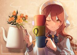 Rule 34 | 1girl, :3, absurdres, beret, blue nails, blush, bow, bowtie, brooch, brown hair, closed jacket, closed mouth, commentary, cup, english commentary, flower, hair between eyes, hair over one eye, hat, heart, highres, holding, holding cup, holding teapot, idolmaster, idolmaster shiny colors, jewelry, long hair, long sleeves, looking at viewer, mug, odecono3, one eye closed, osaki tenka, smile, solo, steam, tea, teabag, teapot, turtleneck, upper body, viewfinder, wavy hair, yellow eyes