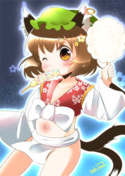 Rule 34 | 1girl, alternate costume, animal ears, brown eyes, brown hair, cat ears, cat tail, chen, chocolate banana, fundoshi, hat, japanese clothes, mouth hold, multiple tails, navel, nekomata, one eye closed, solo, tail, takamoto akisa, touhou, two tails