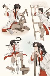 Rule 34 | 1boy, absurdres, axe, barefoot, black hair, boots, brown footwear, brown pants, bucket, bug, butterfly, chinese clothes, climbing ladder, earrings, gatan666, hammer, hand saw, hanfu, highres, holding, holding hammer, holding nail, hua cheng, insect, jewelry, leaning on broom, long hair, multiple persona, nail, pants, rag, red eyes, saw, shirt tucked in, side ponytail, tianguan cifu, wood, wooden bucket