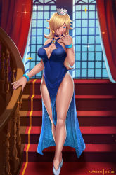 Rule 34 | 1girl, alternate costume, bare legs, blonde hair, borrowed design, bracelet, crown, dress, exlic, finger to mouth, hair over one eye, highres, jewelry, looking at viewer, mario (series), mini crown, nail polish, nintendo, parted lips, purple nails, rosalina, smile, solo, sparkle, stairs, super mario galaxy, thighs
