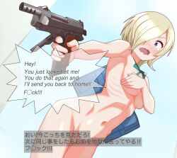 Rule 34 | 1girl, absurdres, aiming, bag, blonde hair, blue eyes, blush, breasts, chokkakudo, commentary request, covering breasts, covering privates, embarrassed, english text, green ribbon, gun, hair over one eye, highres, holding, holding gun, holding weapon, linea alba, love live!, love live! nijigasaki high school idol club, medium breasts, medium hair, mia taylor, navel, neck ribbon, nude, ribbon, ribs, school bag, solo, speech bubble, subtitled, tearing up, weapon