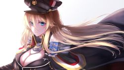 Rule 34 | 1girl, azur lane, banned artist, bismarck (azur lane), blonde hair, blue eyes, breasts, cape, cleavage, closed mouth, fur-trimmed cape, fur trim, hair between eyes, hat, large breasts, long hair, looking at viewer, military, military uniform, neconel, peaked cap, revision, solo, uniform, upper body, white background