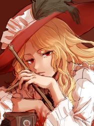 Rule 34 | 1girl, blonde hair, brown footwear, closed mouth, commentary request, cross, eyelashes, frilled hat, frilled sleeves, frills, hat, hat feather, holding, holding cross, jacket girl (dipp), korean commentary, kuya (hey36253625), long hair, long sleeves, looking at viewer, red eyes, shirt, television, touhou, white shirt