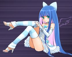 Rule 34 | 10s, 1girl, alternate costume, bad id, bad pixiv id, blue hair, bow, colored inner hair, green eyes, hair bow, irimo, jewelry, long hair, lots of jewelry, multicolored hair, panties, panty &amp; stocking with garterbelt, sitting, smile, solo, stocking (psg), striped clothes, striped thighhighs, thighhighs, two-tone hair, underwear