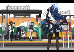 Rule 34 | 4girls, arius squad (blue archive), assault rifle, atsuko (blue archive), black footwear, black hair, black headwear, black hoodie, black mask, black pantyhose, blue archive, blue hair, blue halo, braid, burger, closed eyes, closed mouth, fim-92 stinger, food, green hair, green halo, gun, halo, hat, highres, hiyori (blue archive), holding, holding burger, holding food, hood, hood down, hood up, hooded jacket, hoodie, ideolo, jacket, long hair, long sleeves, loose socks, mask, misaki (blue archive), mouth mask, multiple girls, open mouth, pantyhose, pleated skirt, purple hair, red halo, rifle, rocket launcher, saori (blue archive), shoes, short hair, side ponytail, sig 516, sig sauer, skirt, socks, surgical mask, train station, twin braids, vending machine, weapon, white jacket, white skirt, white socks
