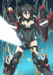 Rule 34 | 1girl, angry, black eyes, black hair, bodysuit, breasts, cleavage, cleavage cutout, clenched teeth, clothing cutout, date a live, female focus, food, hair between eyes, headgear, holding, holding sword, holding weapon, kusakabe ryouko (date a live), leotard, long hair, looking at viewer, mecha musume, mechanical wings, medium breasts, noodles, ponytail, revealing clothes, serious, solo, sword, teeth, weapon, wings