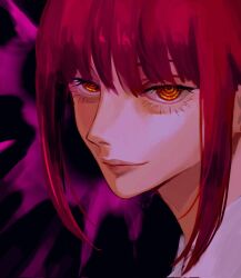 Rule 34 | 1girl, bad id, bad twitter id, chainsaw man, dark, highres, juzoh13, looking at viewer, makima (chainsaw man), medium hair, red eyes, red hair, ringed eyes, shirt, sidelocks, smile, solo, two-tone background, white shirt